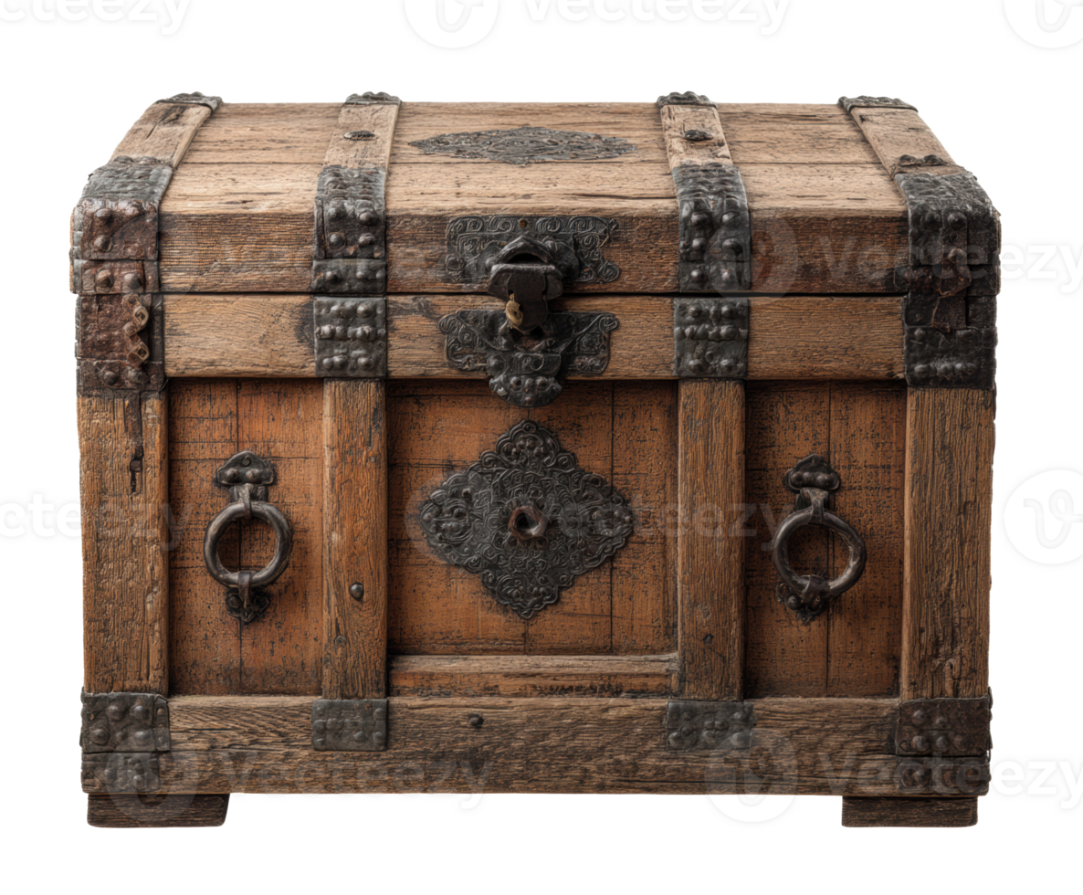Vintage wooden treasure chest with metal accents for decor png