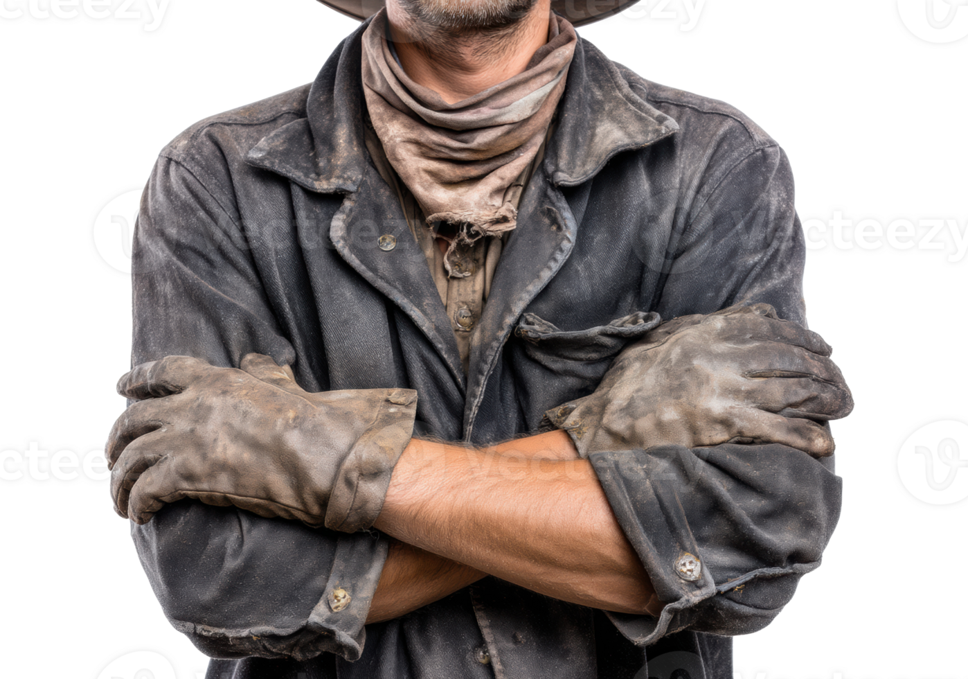 Sturdy worker in rugged gear, gloves on, arms crossed png