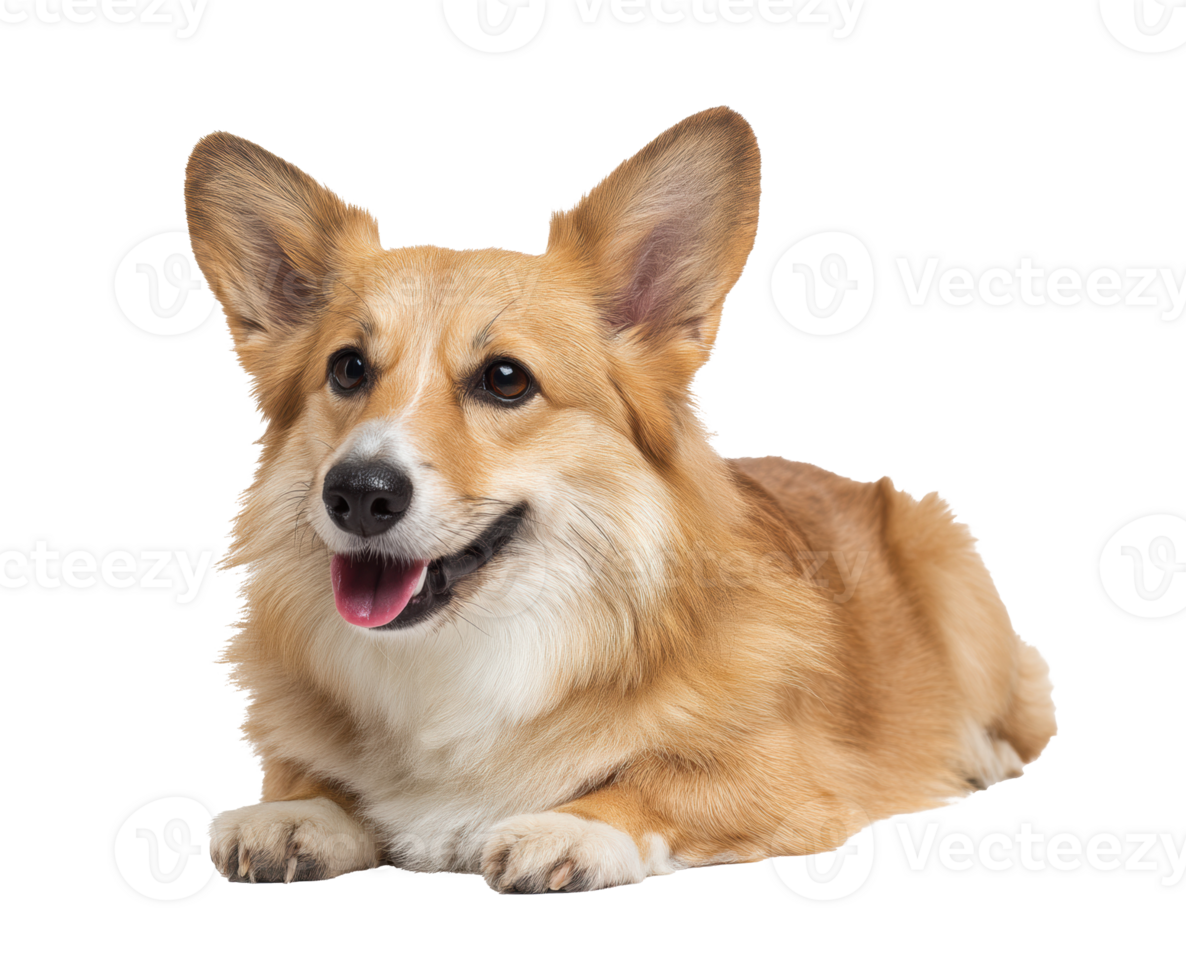 Happy corgi resting with a joyful expression and fluffy coat png