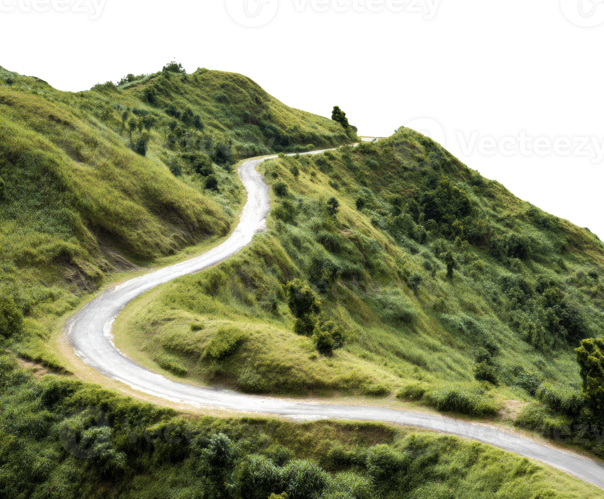 Winding road through lush green hills in sunny landscape png