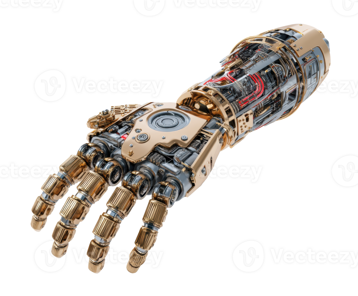 Futuristic robotic hand with intricate details and advanced technology png