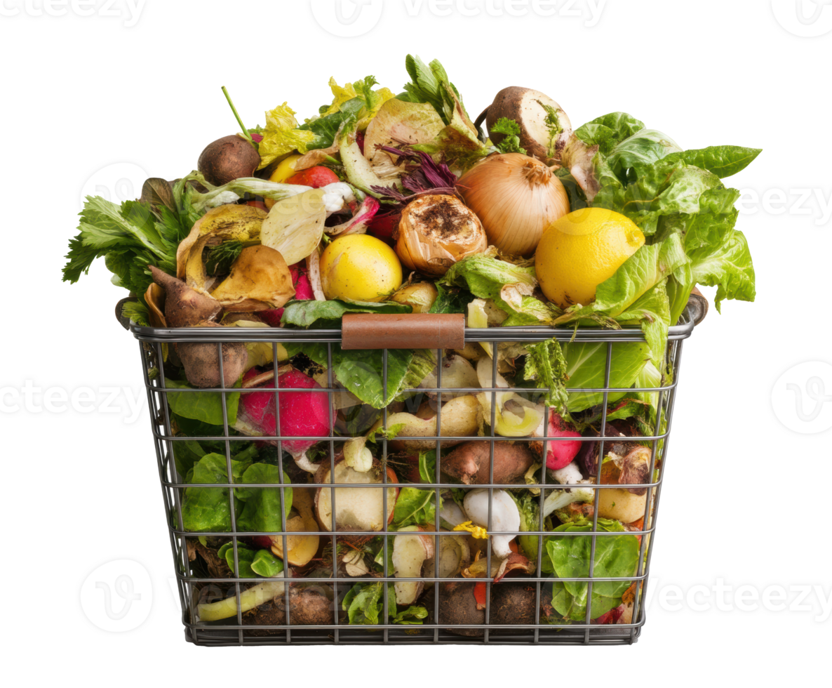 Vegetable scraps in a metal basket for composting and recycling png