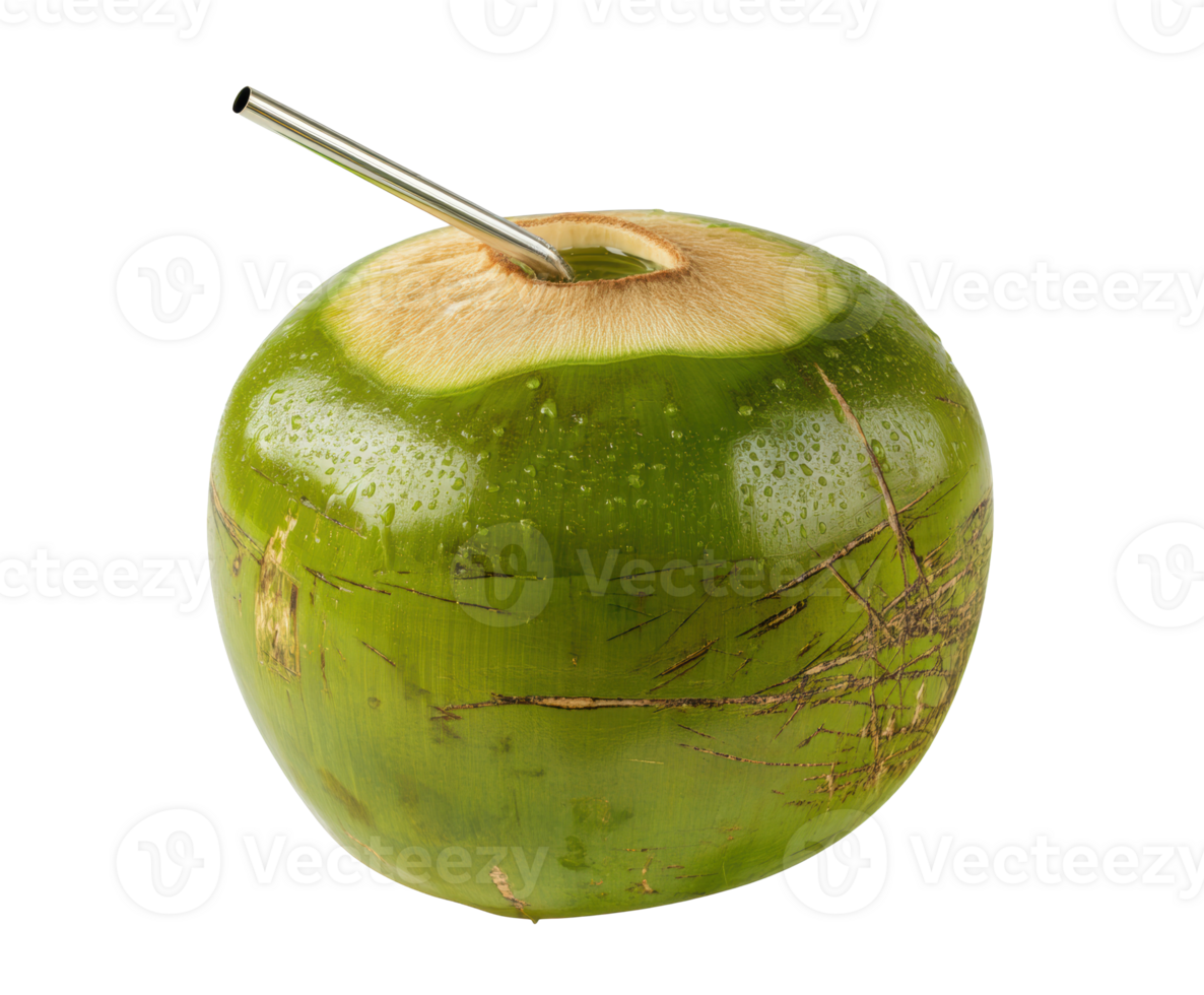 Refreshing green coconut drink with metal straw on white background png