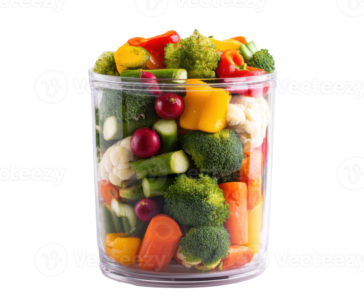 Colorful mixed vegetables in a glass jar ready for cooking png