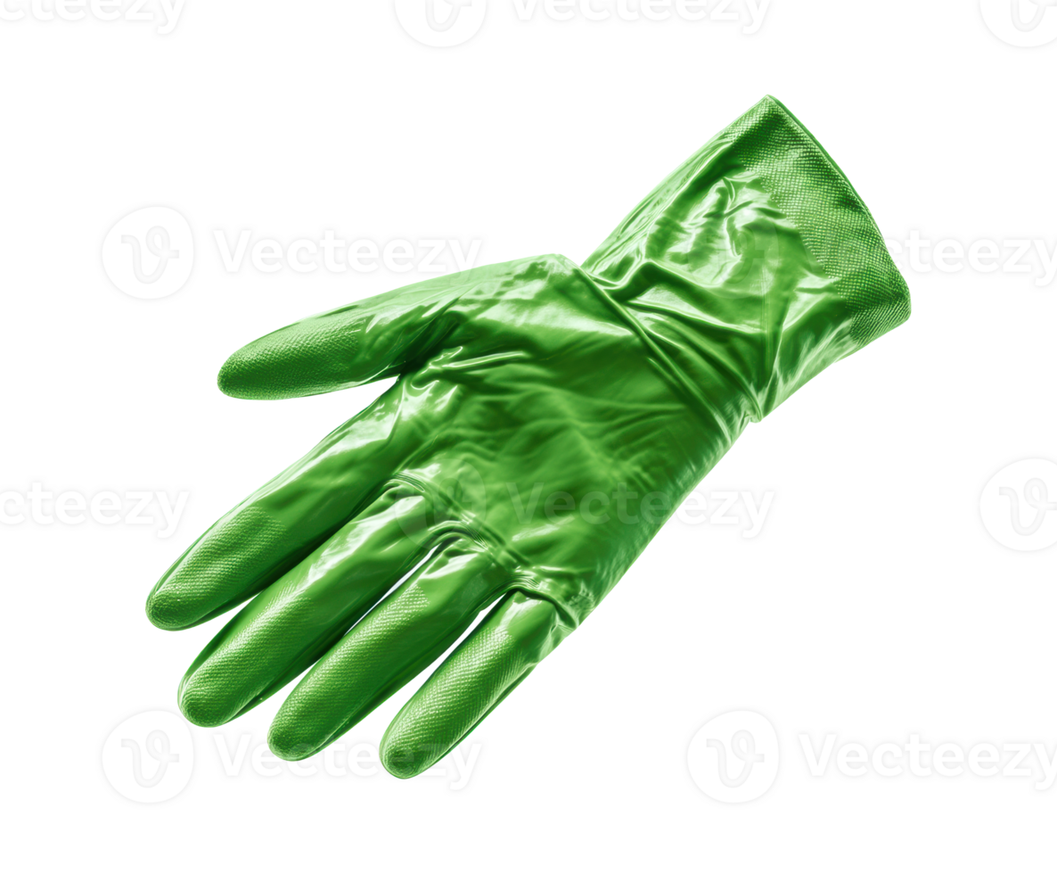 Bright green rubber glove for cleaning tasks and household chores png