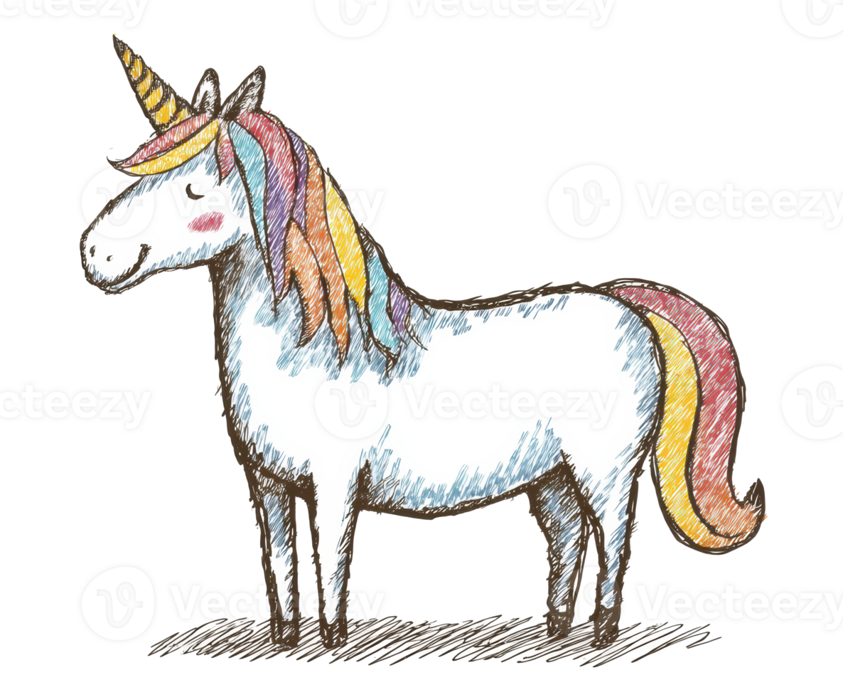 Magical unicorn with colorful mane in charming sketch style png