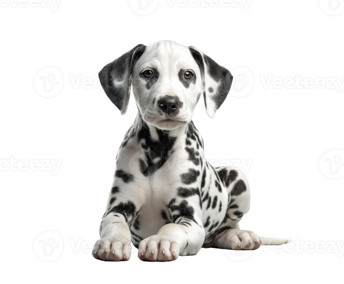 Playful Dalmatian puppy resting with curious expression png