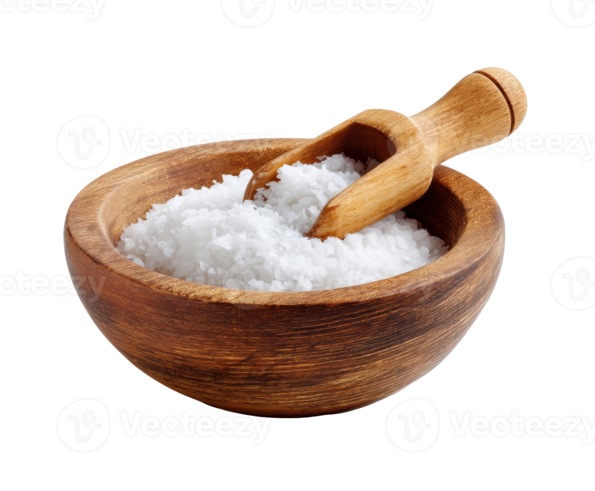 Natural sea salt in a wooden bowl with a scooping tool for cooking png