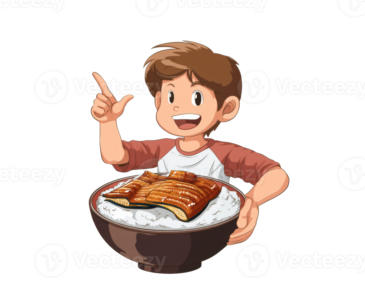 Joyful boy enjoying delicious eel dish on rice png