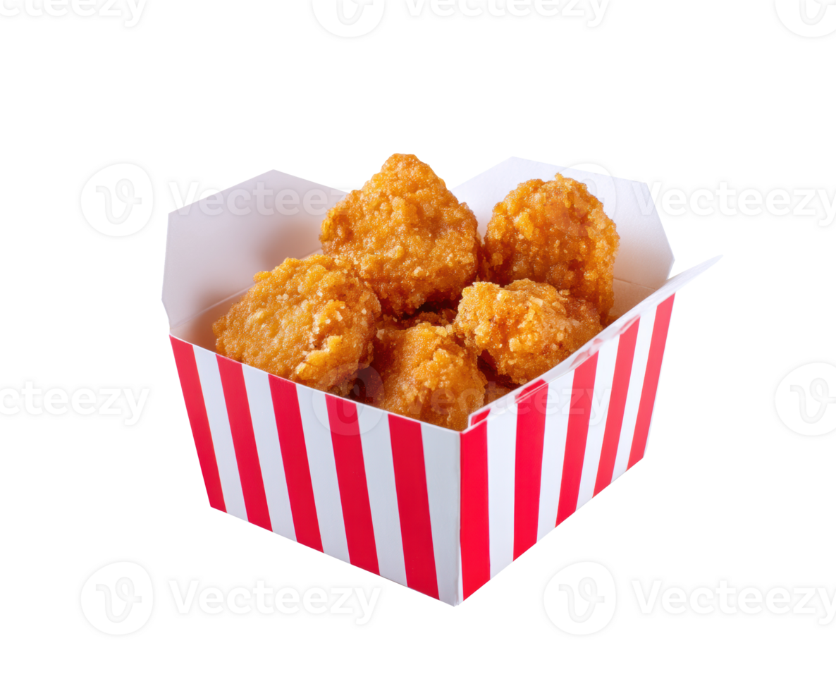 Crispy golden chicken nuggets served in a classic striped box png