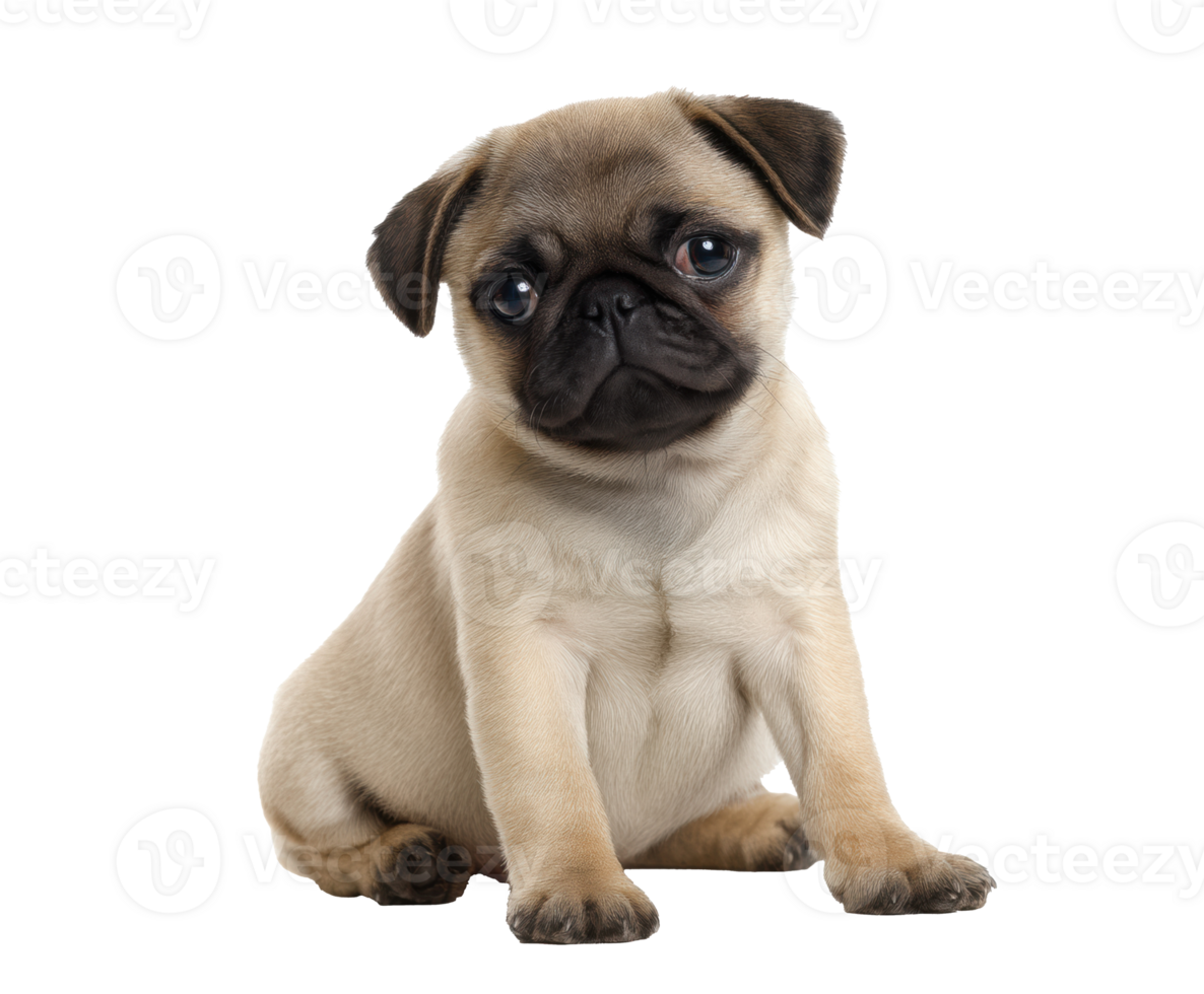 Playful pug puppy sitting with curious expression in studio setting png