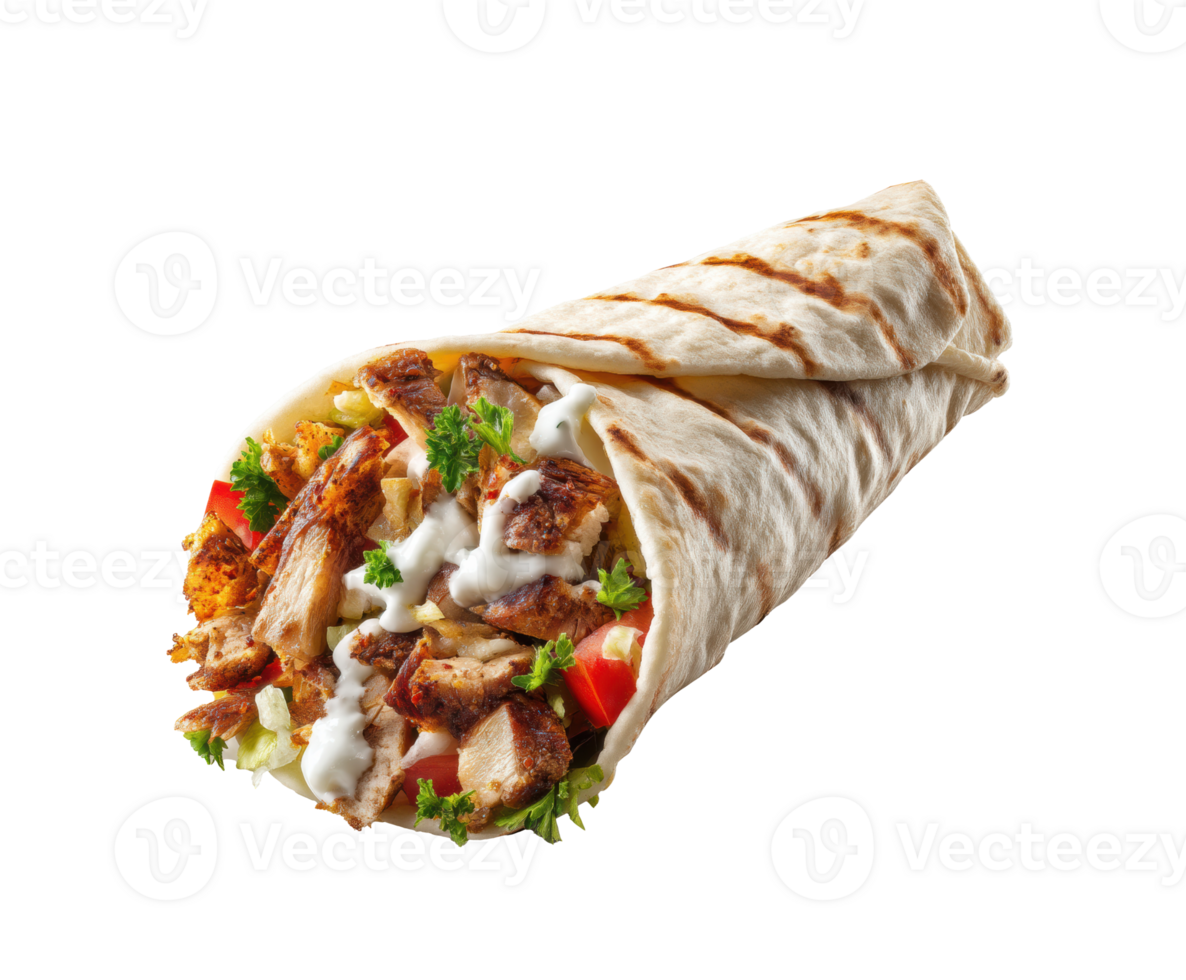 Grilled chicken wrap with fresh vegetables and sauce in flatbread png