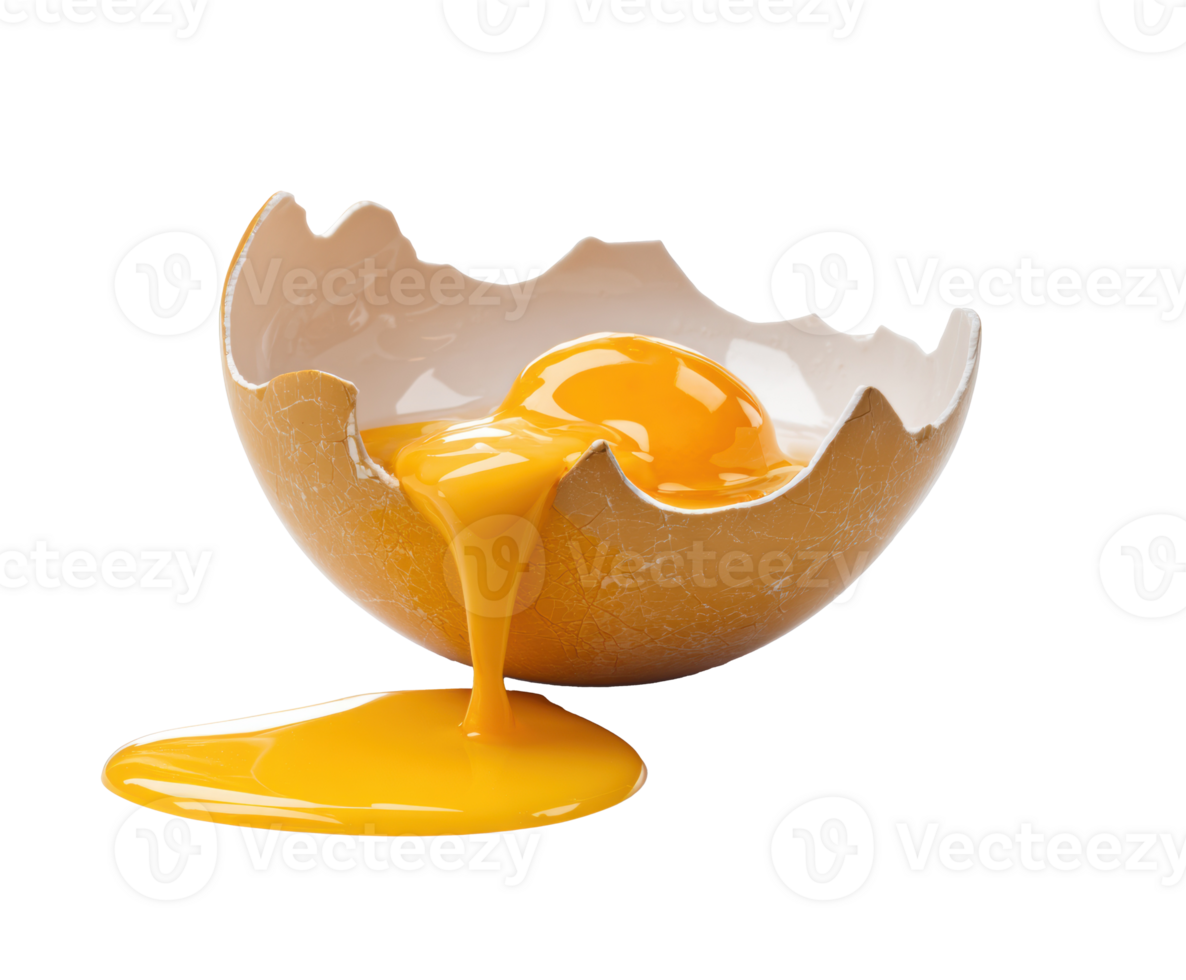 Egg yolk spilling from broken eggshell for culinary preparation png
