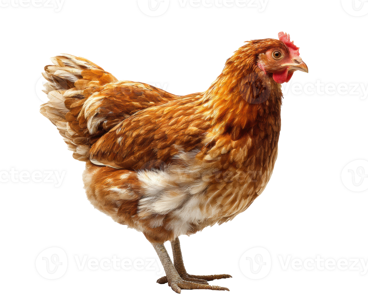Brown hen standing proudly in a farmyard setting png