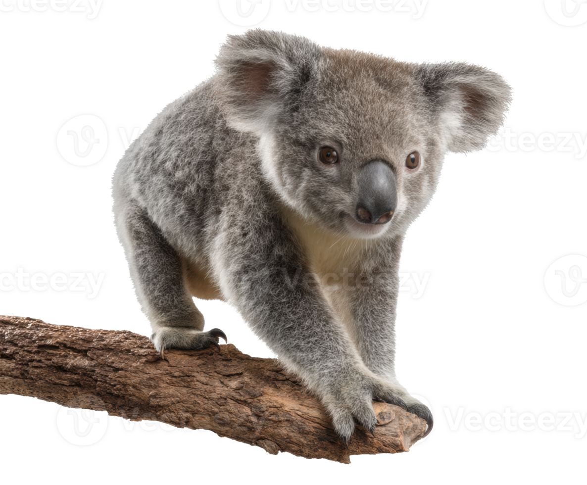 Playful koala climbing on a tree branch in natural habitat setting png