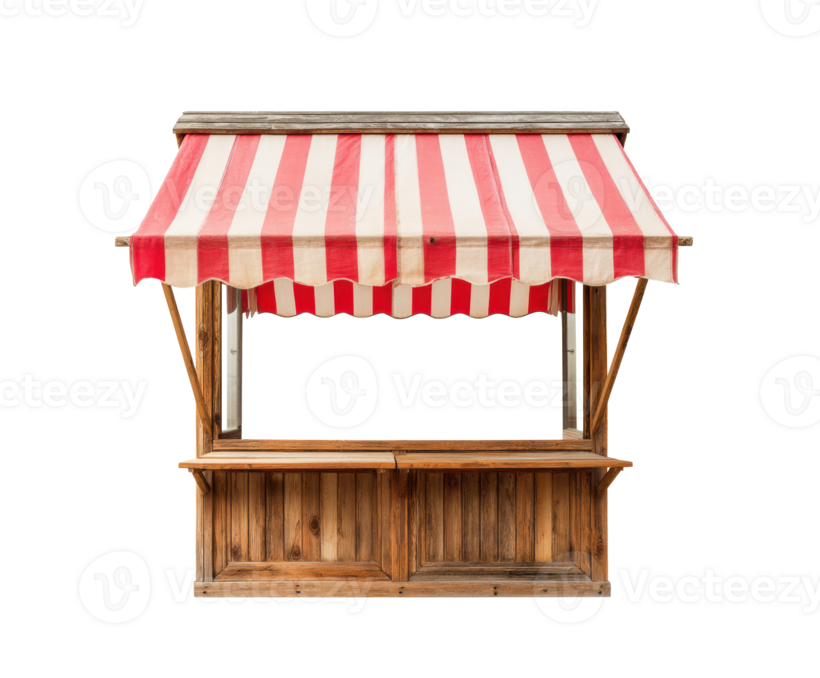 Rustic market stall with red and white striped awning for sale events png