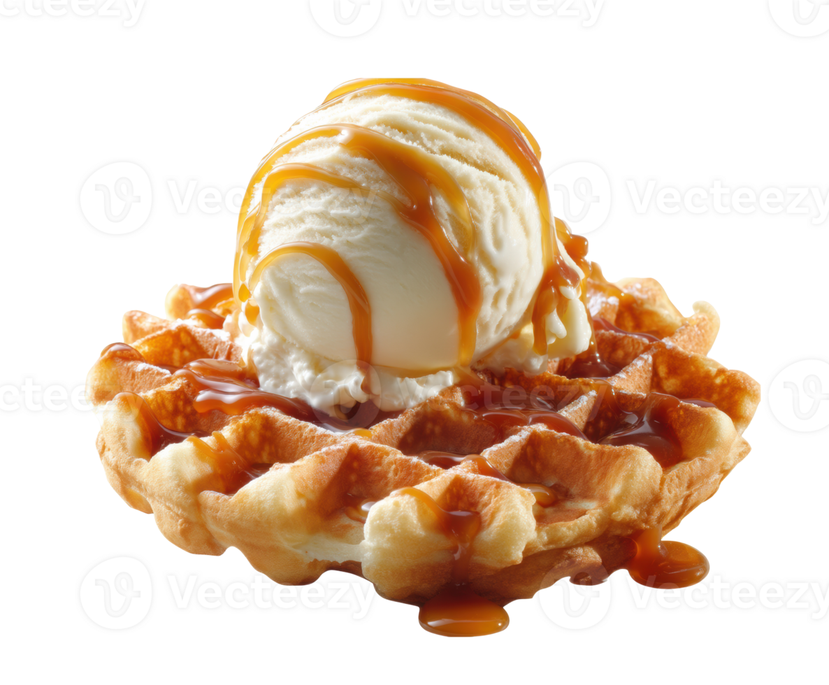 Delicious waffle topped with vanilla ice cream and caramel drizzle png