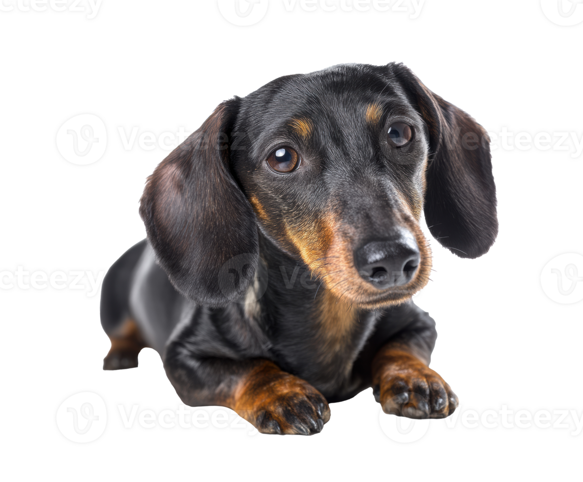 Playful dachshund looking curiously at the camera in a cozy setting png