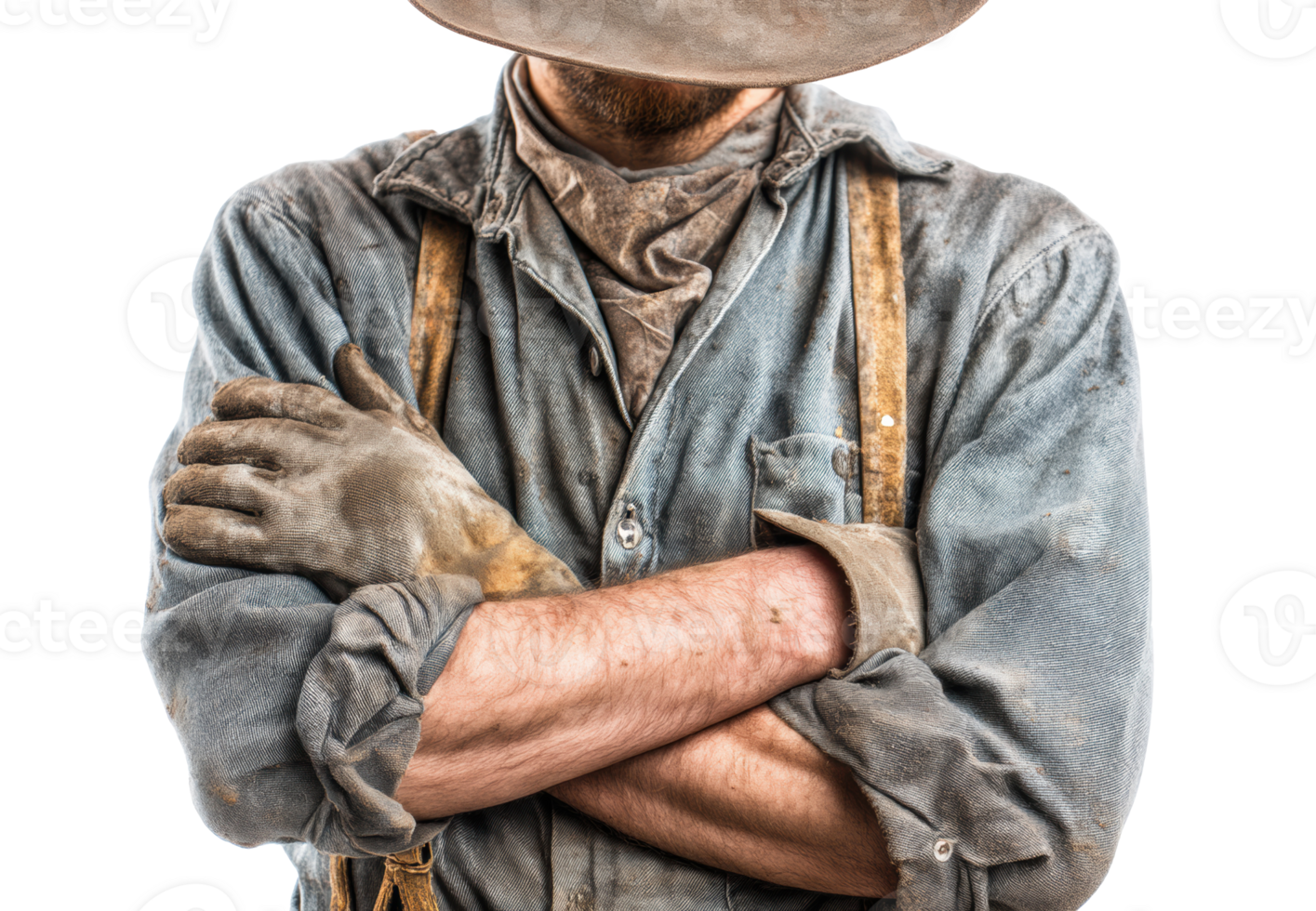 Rustic worker in worn clothes and gloves showcasing hard labor skills png