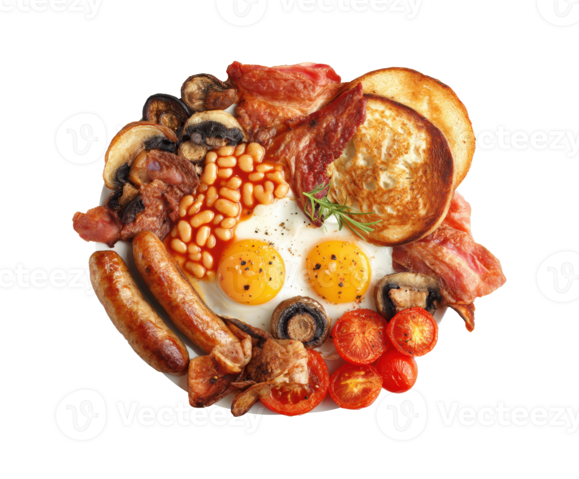 Hearty British breakfast served with eggs, bacon, and sausages png