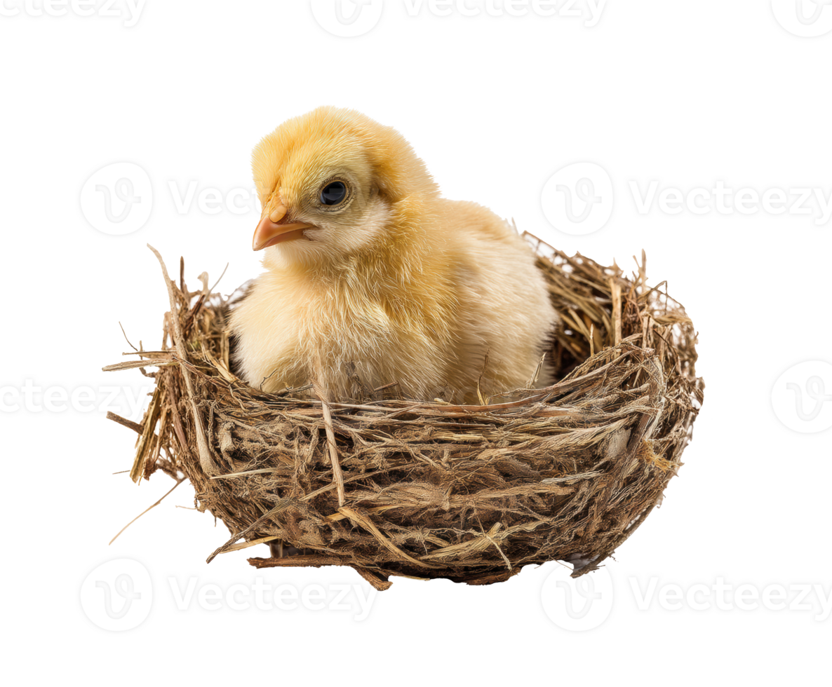 Yellow chick resting in a nest with natural materials indoors png