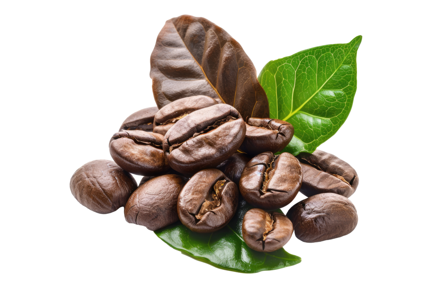 Coffee beans with leaf isolated on transparent background png