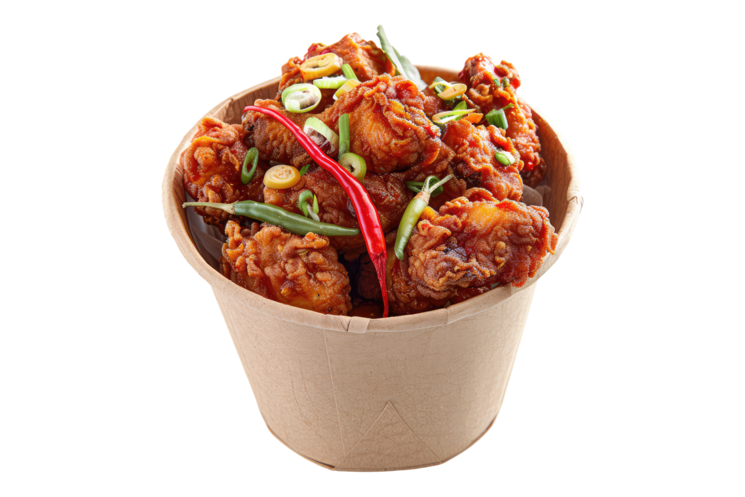 Fried chicken with red chili in paper bag isolated on transparent background png