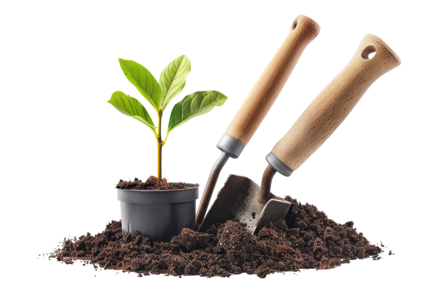 Garden tools with seedling isolated on transparent background png