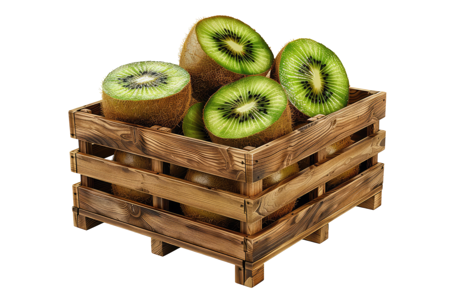 Kiwi fruit in a wooden crate isolated on transparent background png
