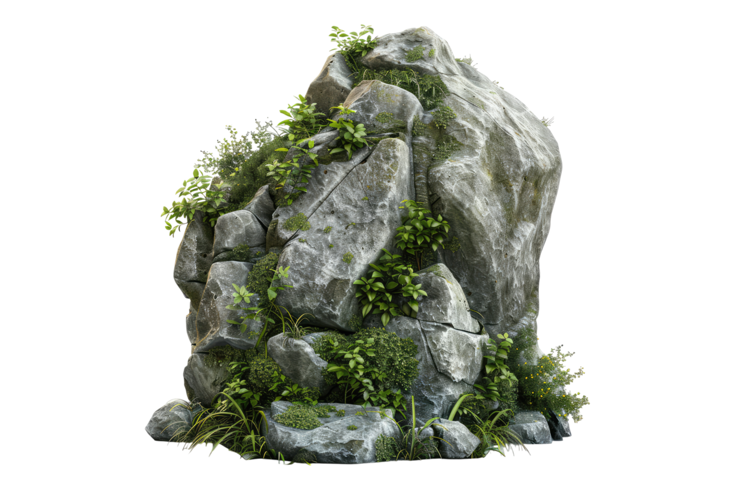 large rocks and overgrown foliage and moss isolated on transparent background png