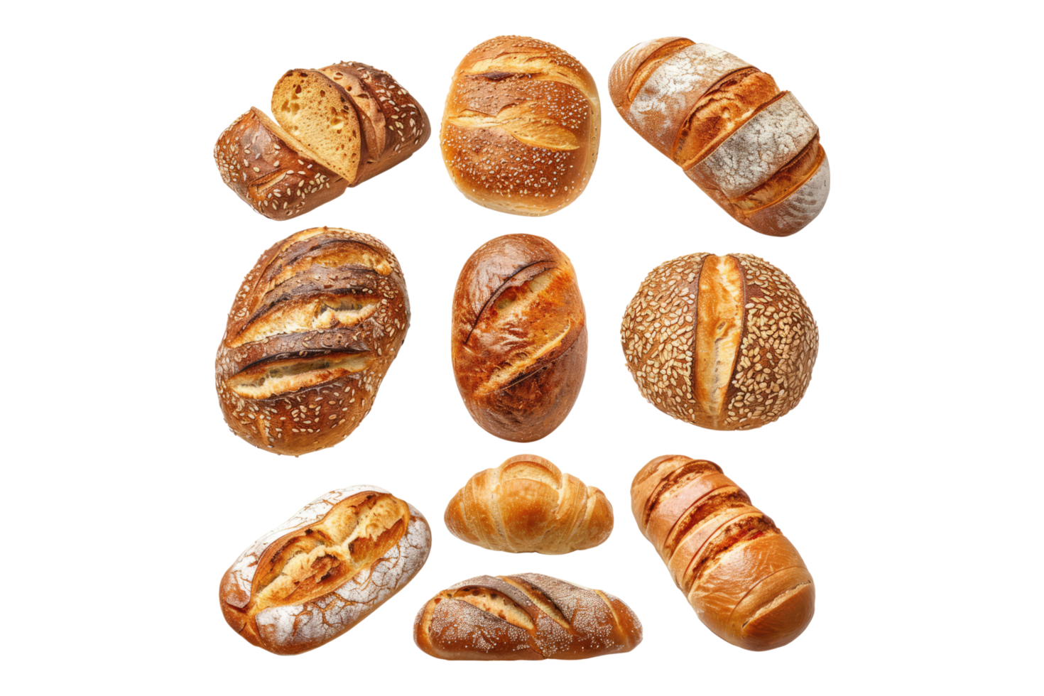 A variety of breads are arranged on a black background png