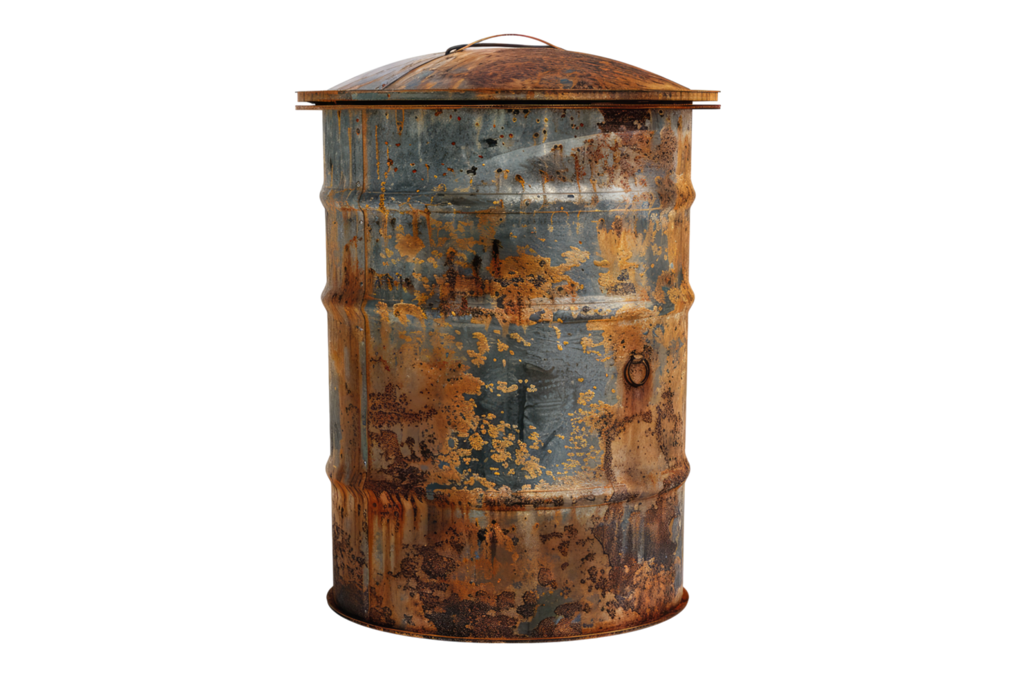 Old rusty metal trash can isolated on transparent background png