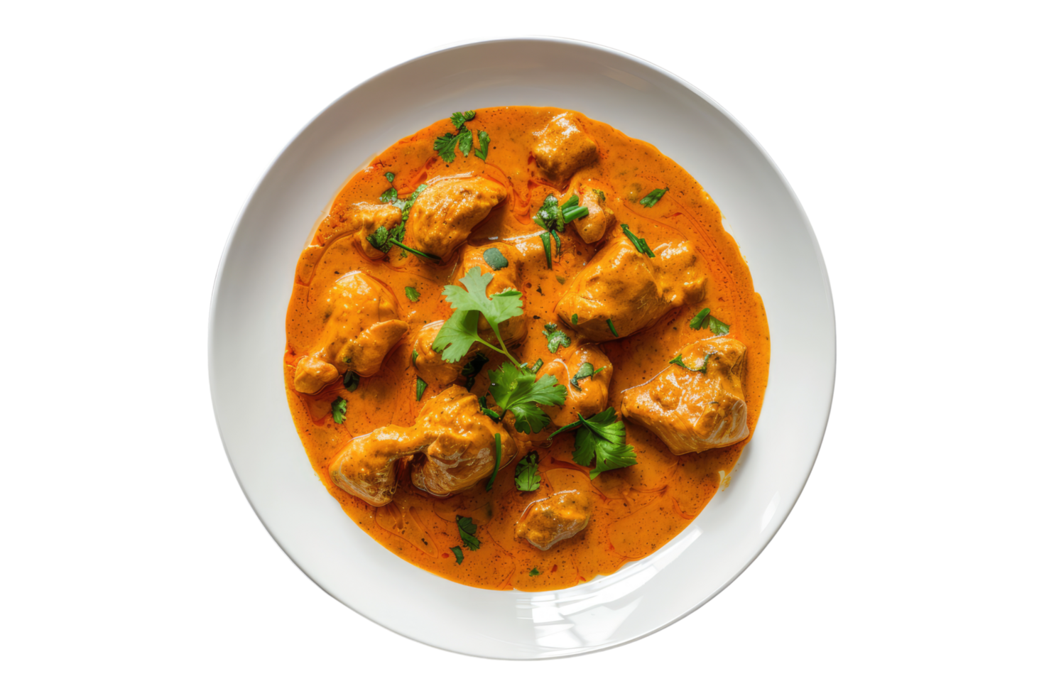 White plate of butter chicken isolated on transparent background png
