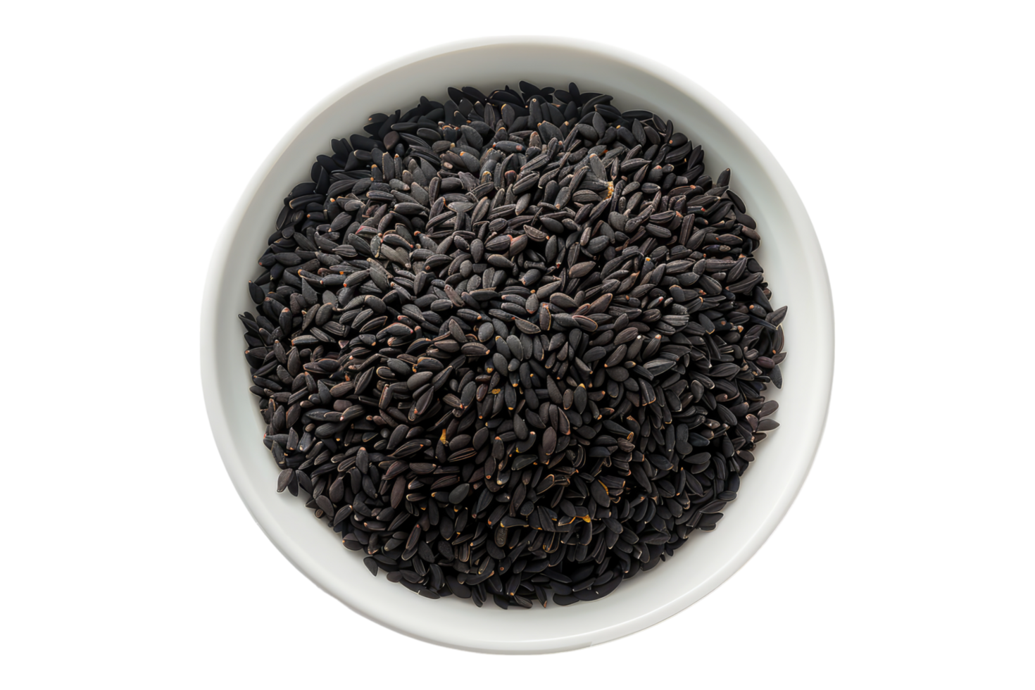 Black cumin seeds in white bowl isolated on transparent background png