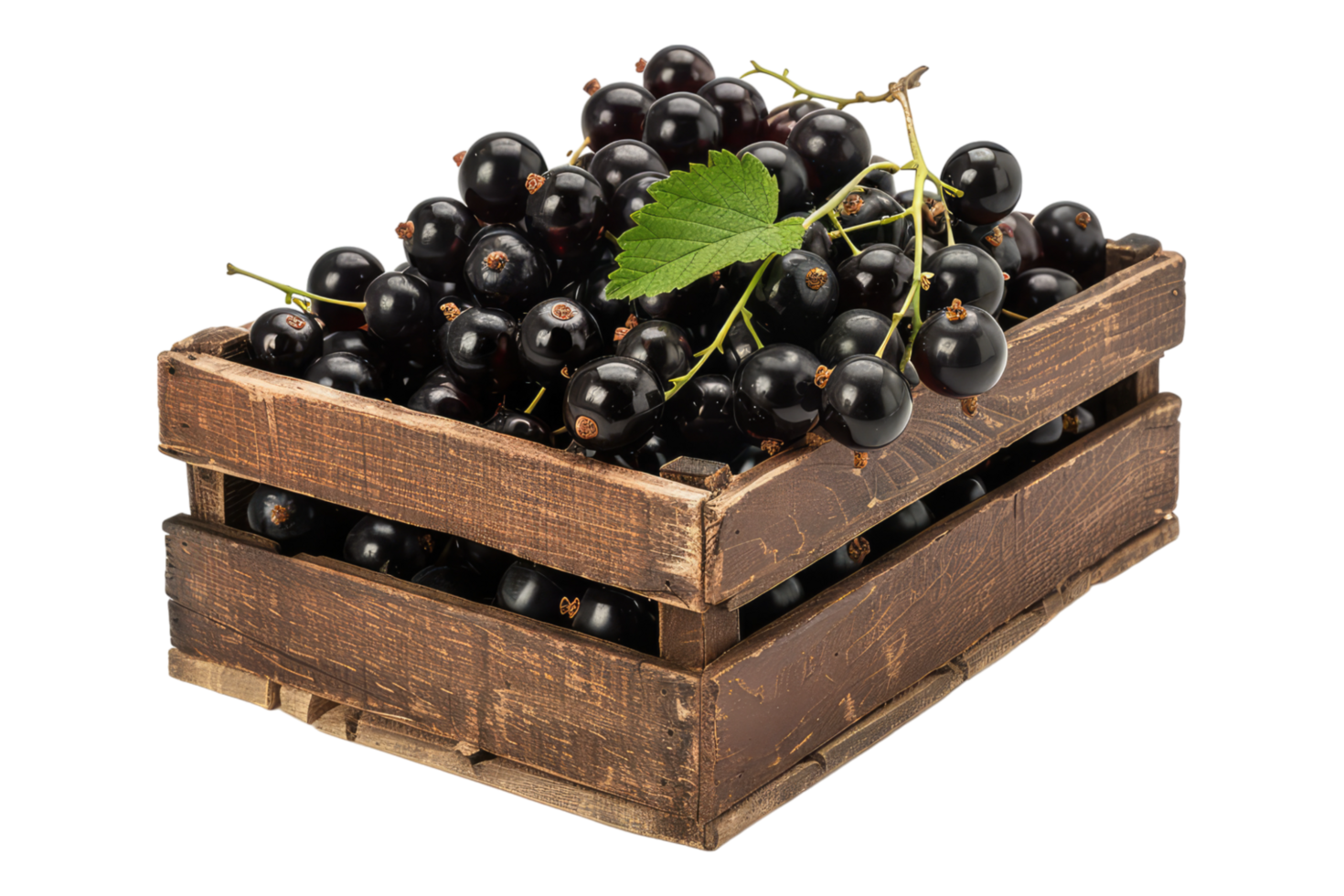 Black currants in a wooden crate isolated on transparent background png
