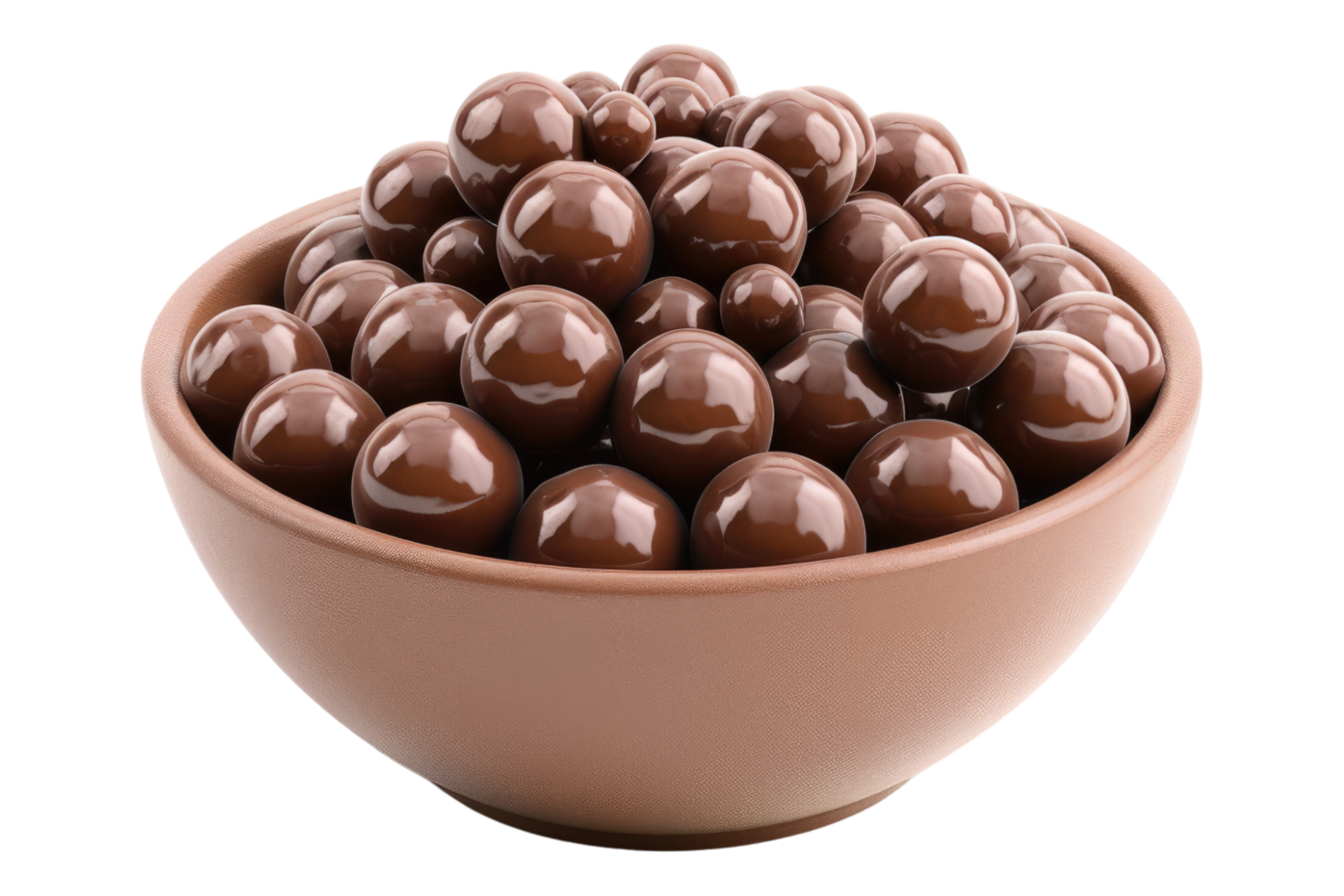Chocolate malt balls in a wooden bowl isolated on transparent background png