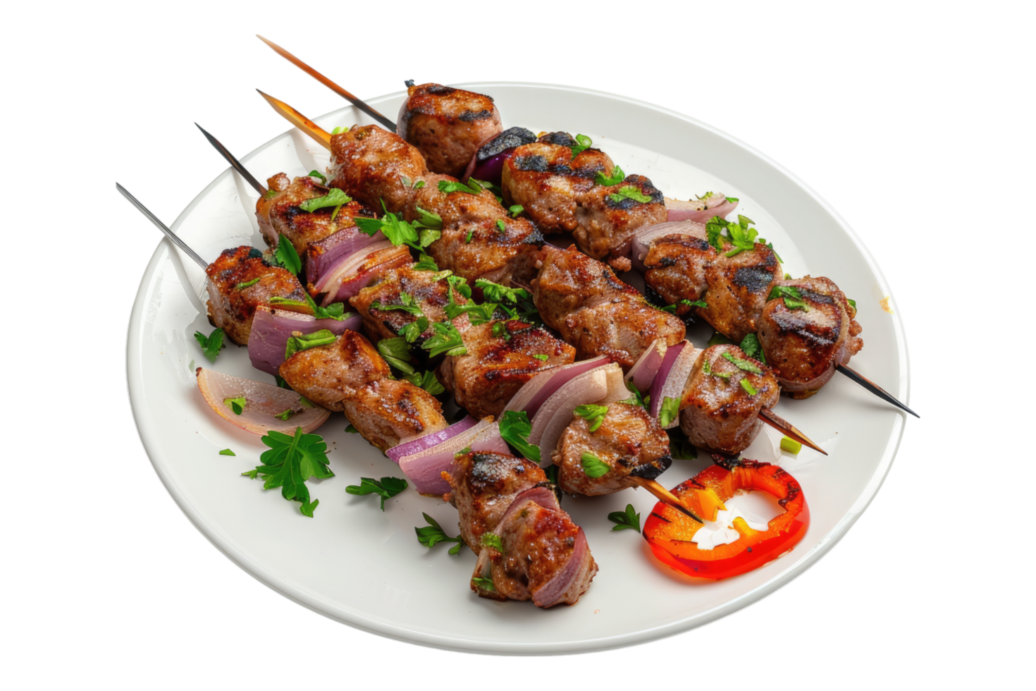 Grilled kebab on white plate isolated on transparent background png