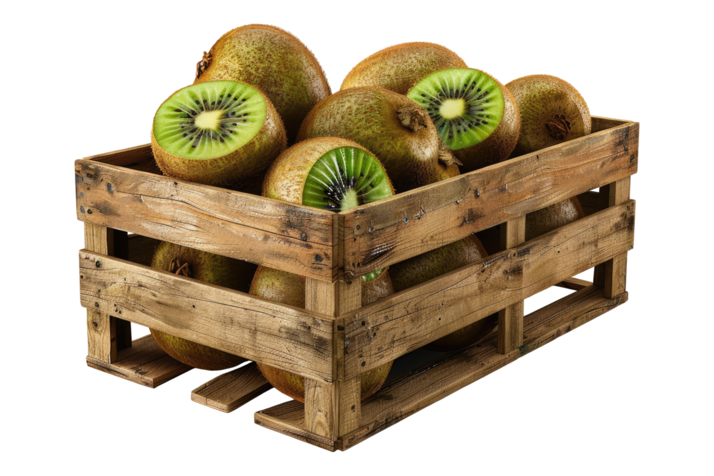Kiwi fruit in a wooden crate png