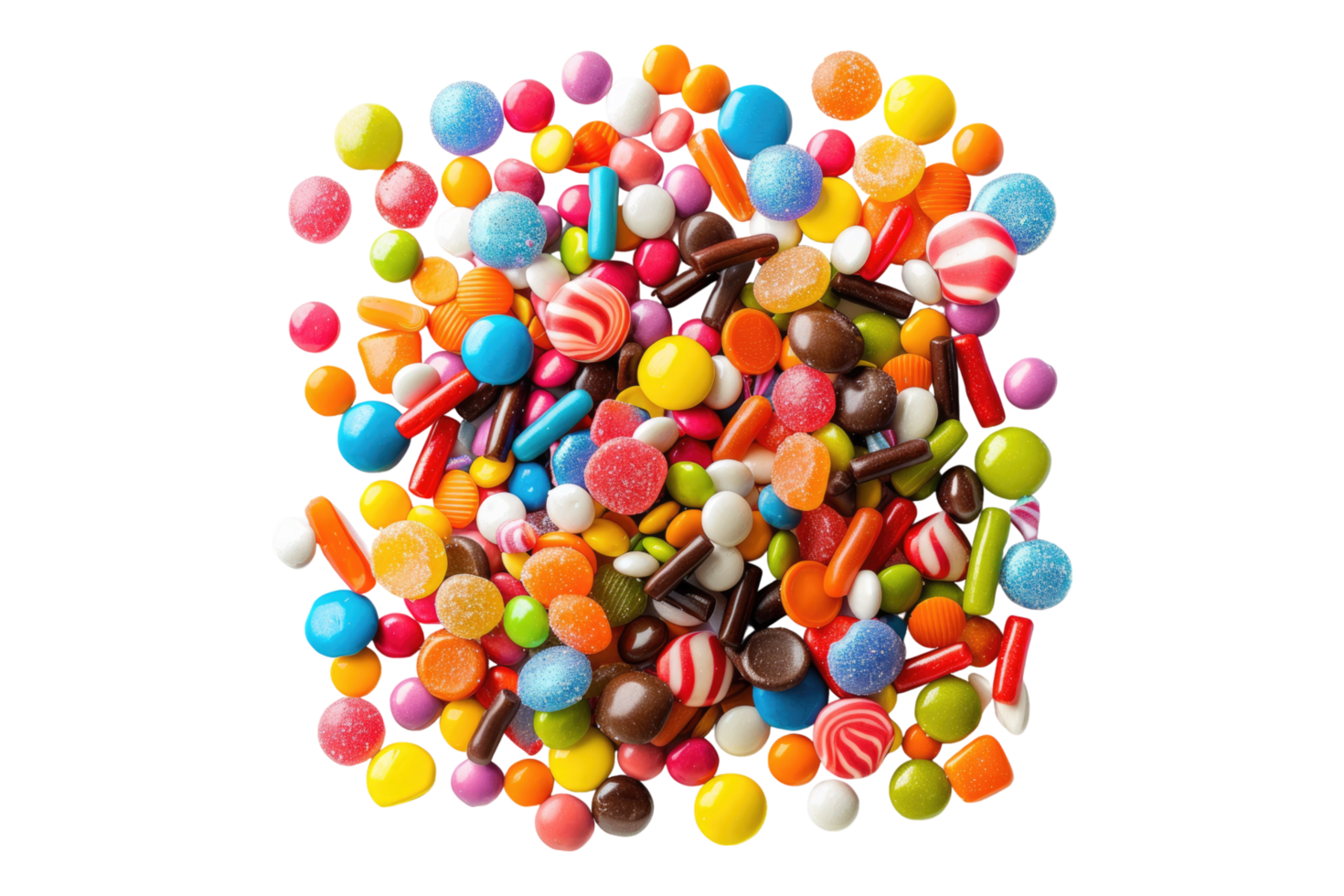 Scattered multicolored candies isolated on transparent background png
