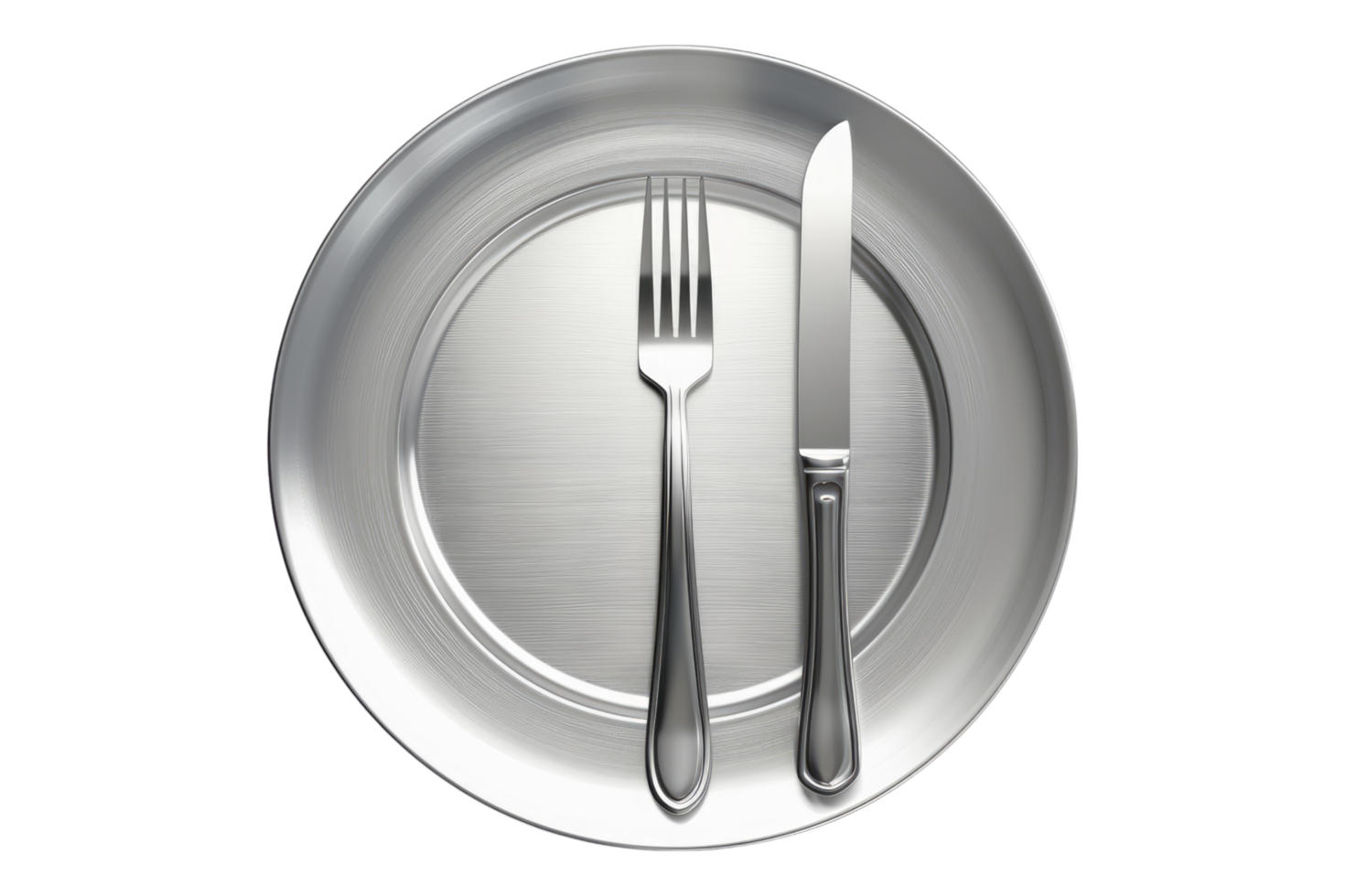 Stainless steel plate with knife and fork isolated on transparent background png
