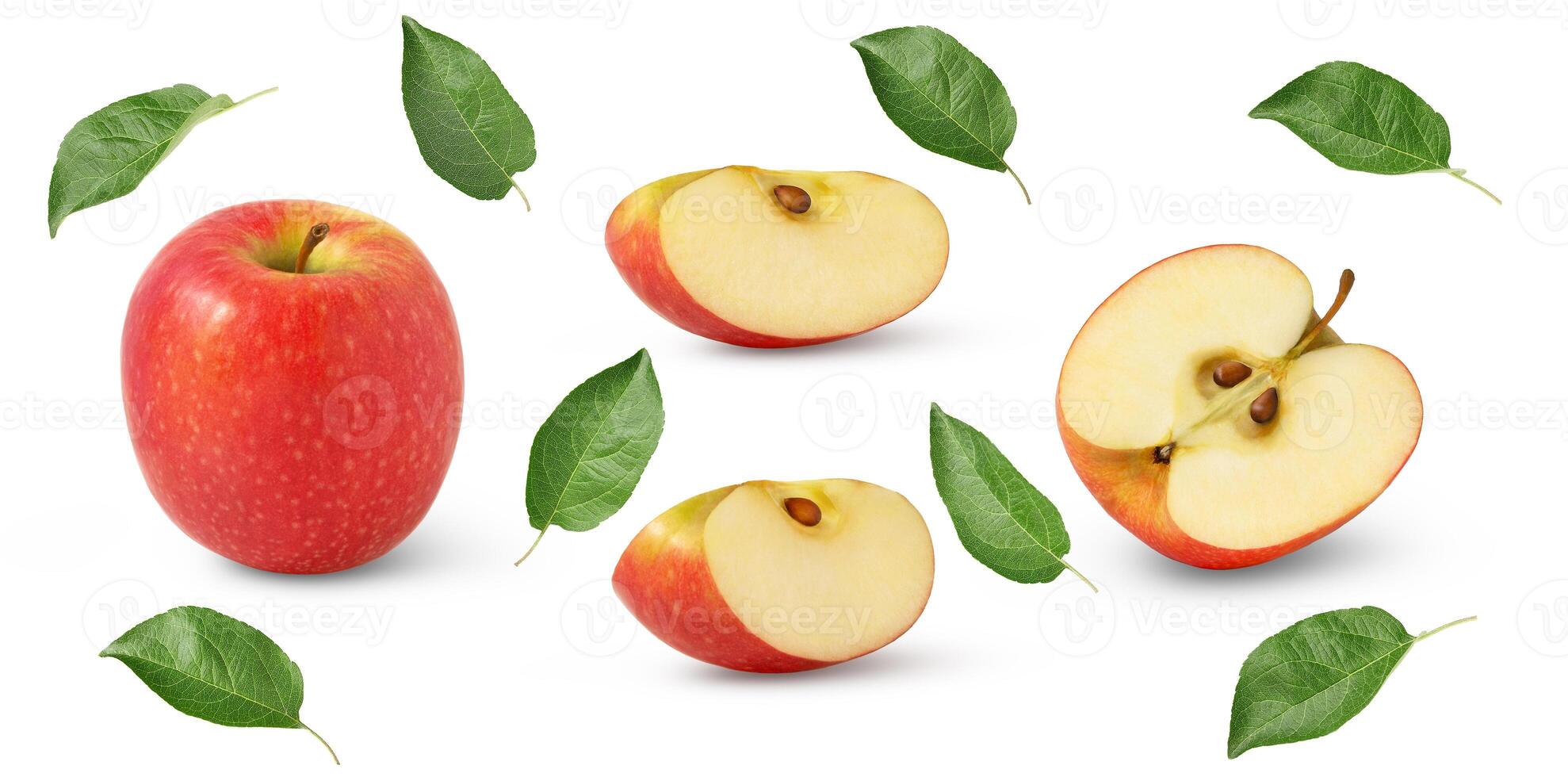 Red apples set isolated. Whole fruit , slices, half and leaves. Design elements with clipping path. photo
