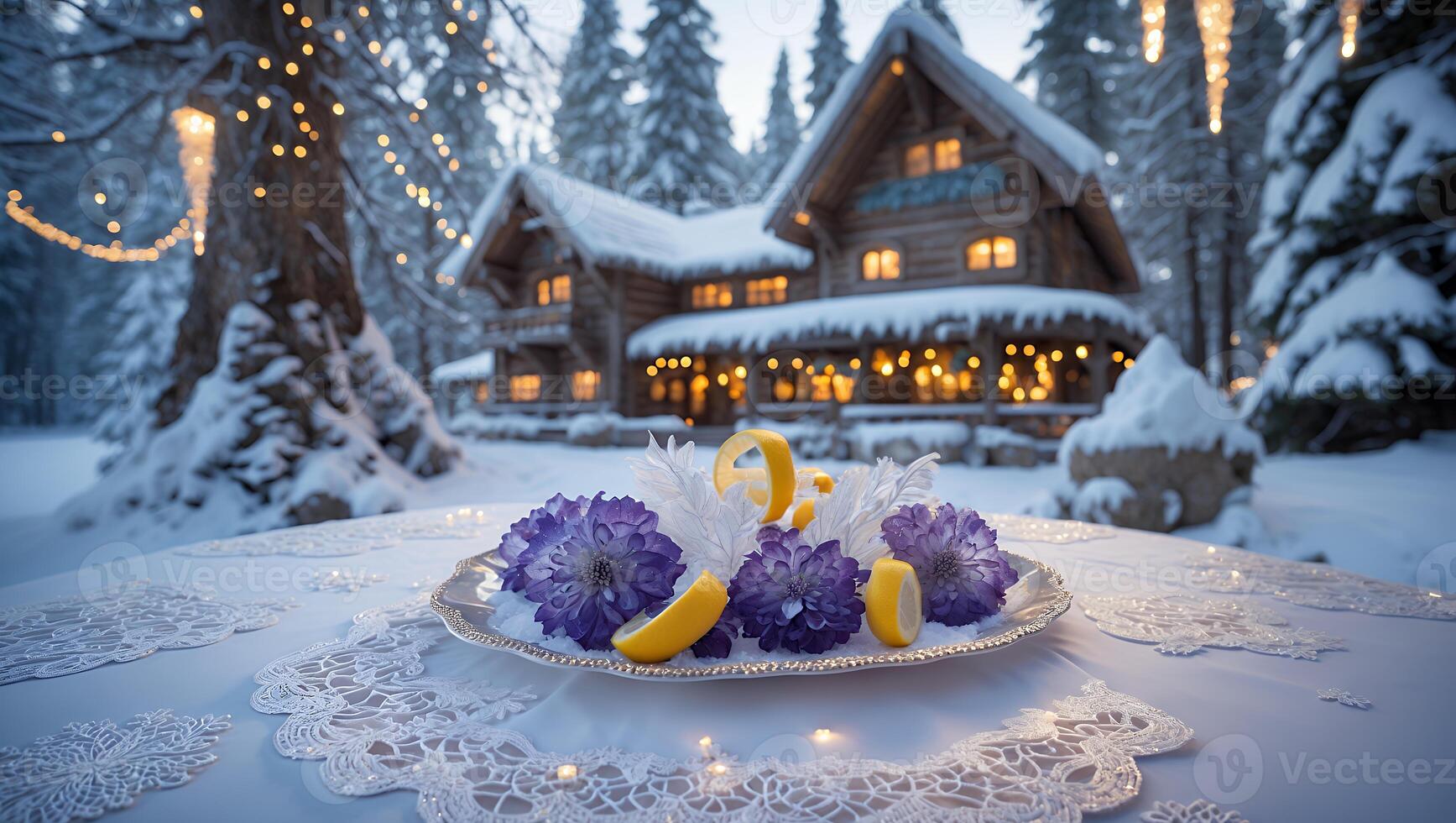Winter Cabin Floral Arrangement on Snowy Table with Forest Backdrop photo