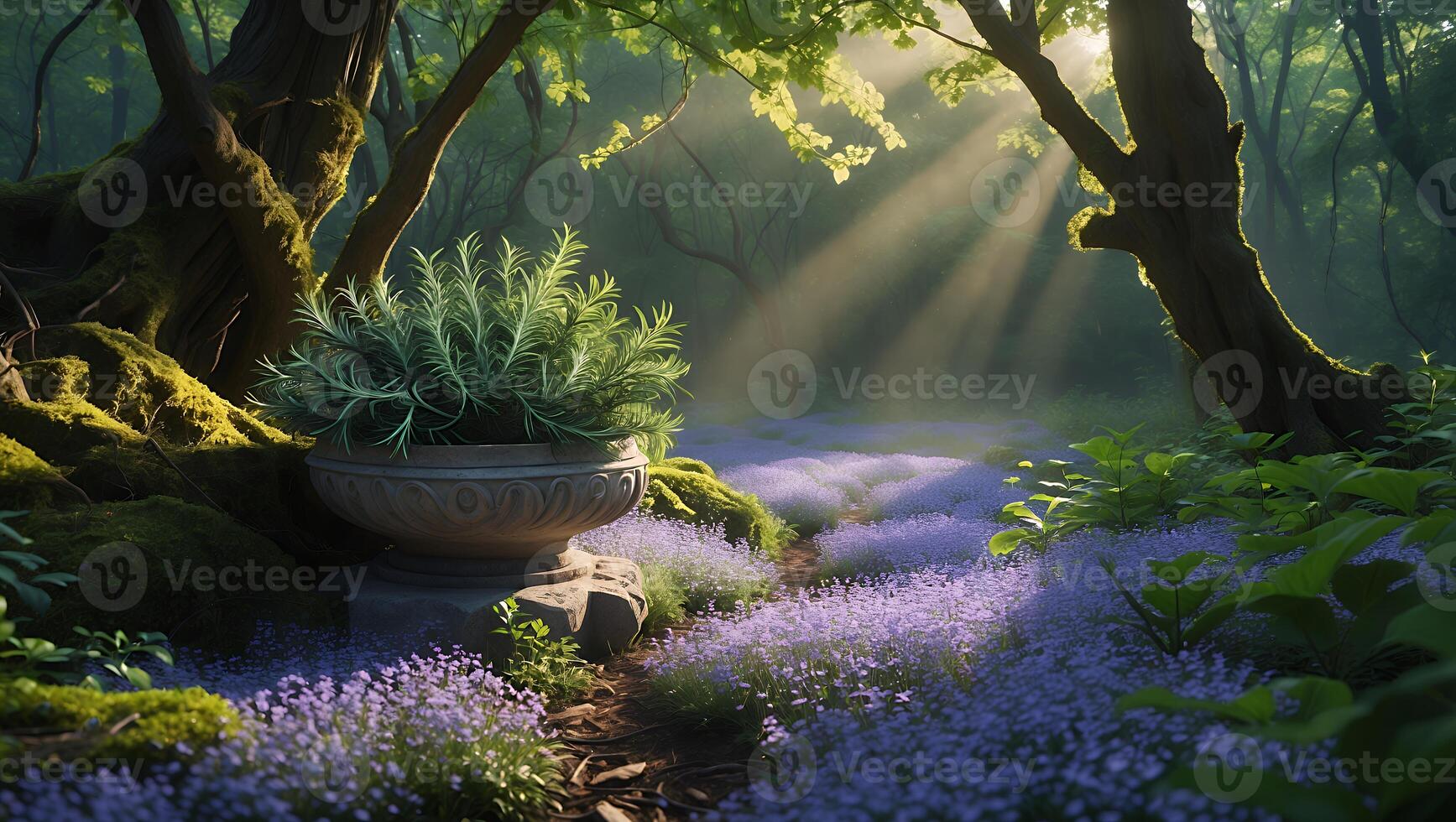 Walking Through Forest with Wildflowers and Potted Plant with Sunbeams photo