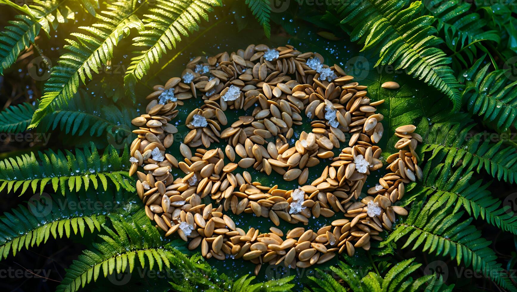 Seeds Arranged in Swirl on Fern Leaf with Crystal Accents photo