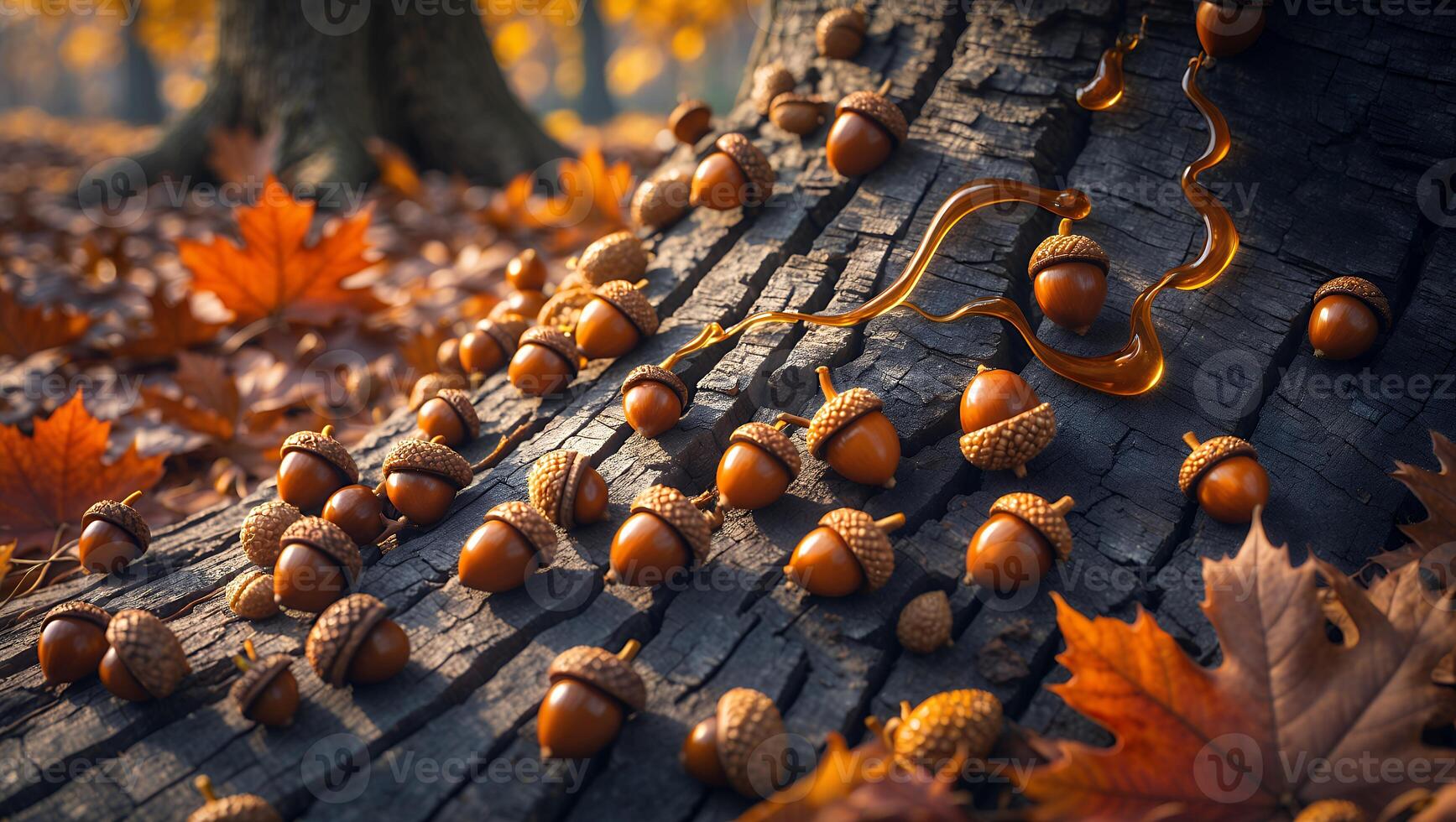 Acorns on Tree Trunk with Autumn Leaves in a Forest Setting photo