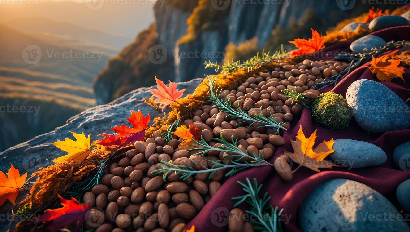 Arrangement of Almonds, Leaves, and Stones on Mountain Edge at Sunset photo