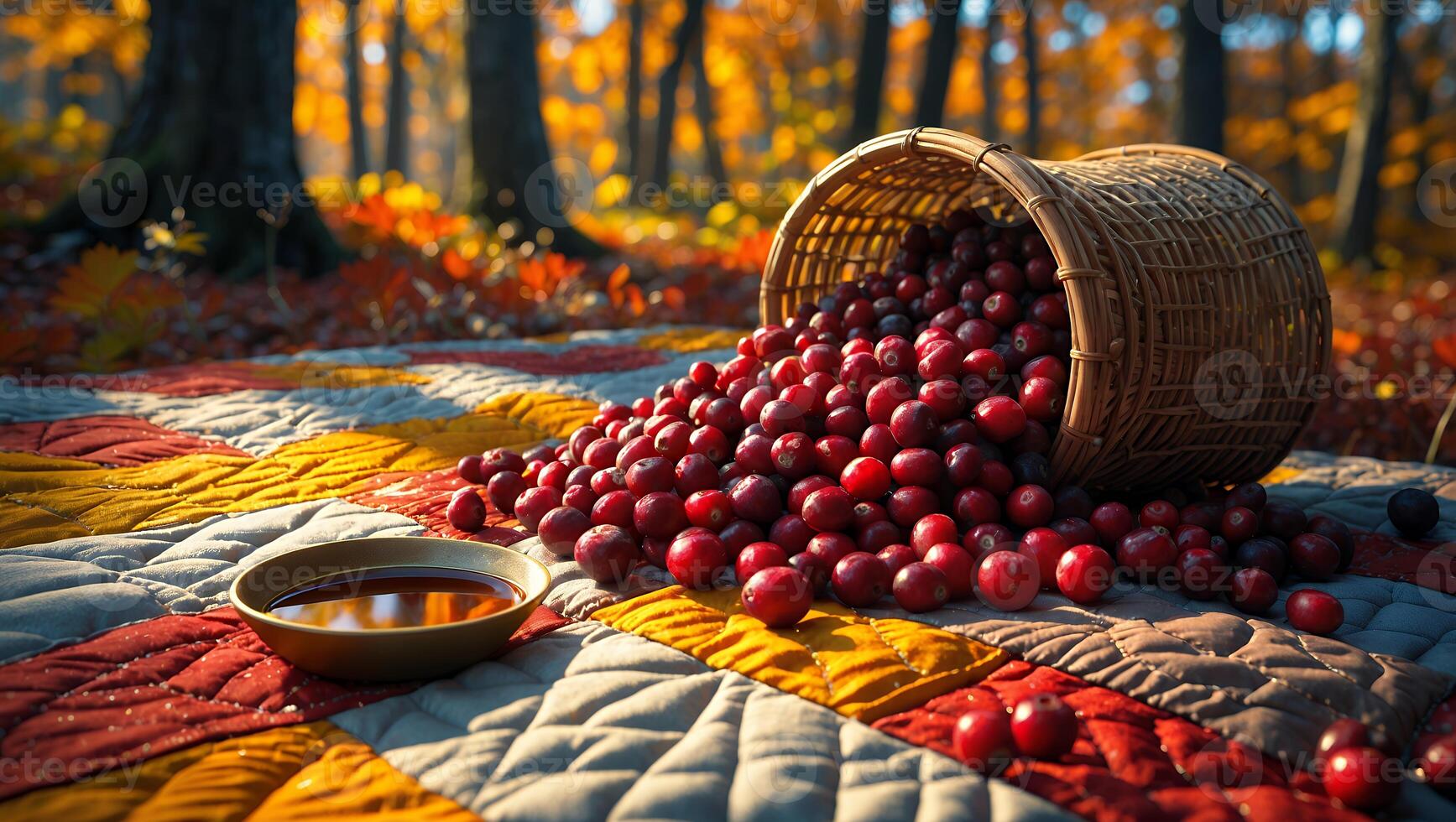 Cranberries Spilling From Wicker Basket on Quilt in Autumn Forest photo