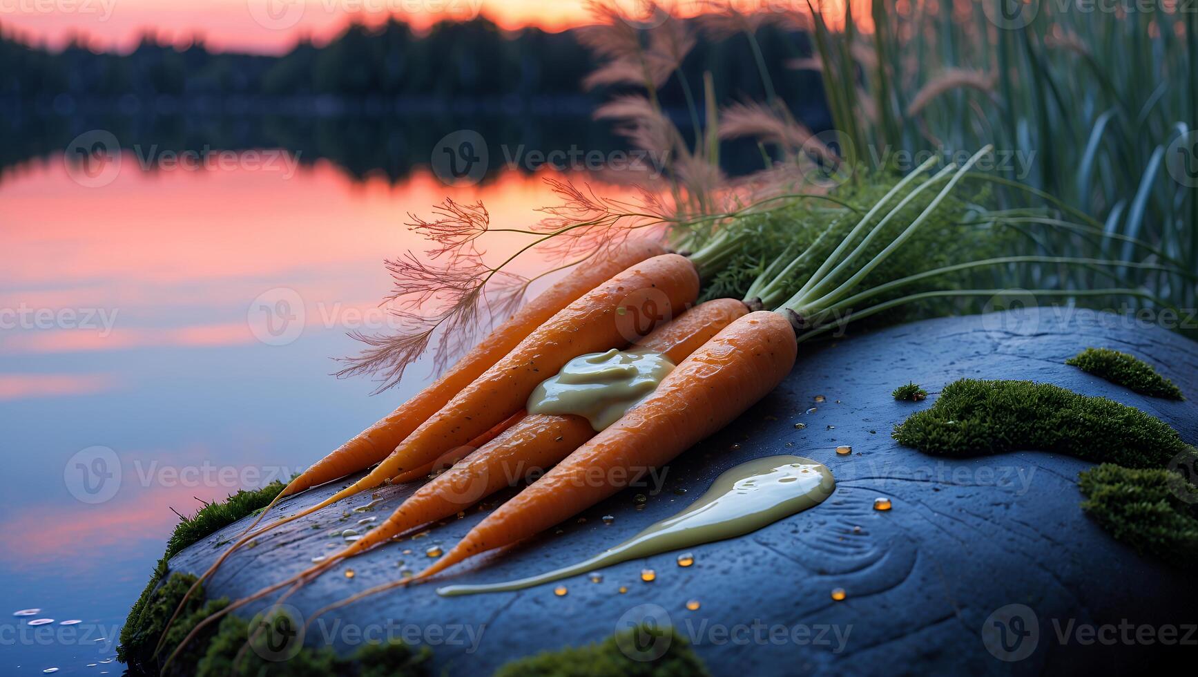 Fresh Carrots with Dip at Sunset by a Lake with Moss photo