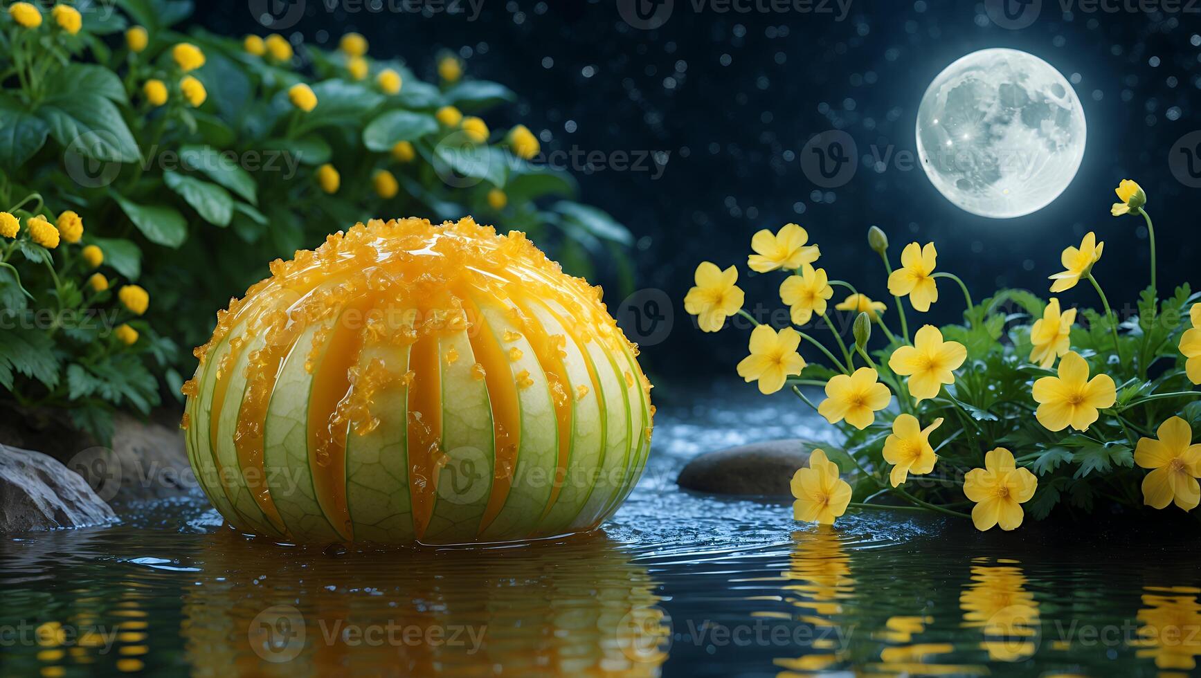 Glowing Moonlit Night Scene with Unusual Fruit and Yellow Flowers photo