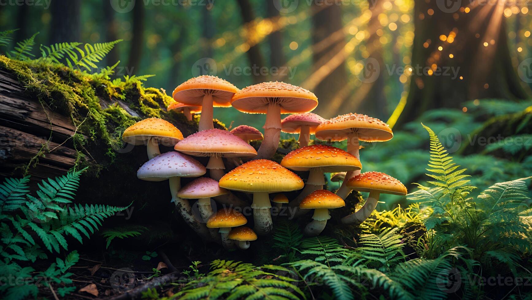 Cluster of Colorful Mushrooms Growing on Mossy Log in Forest Sunlight photo